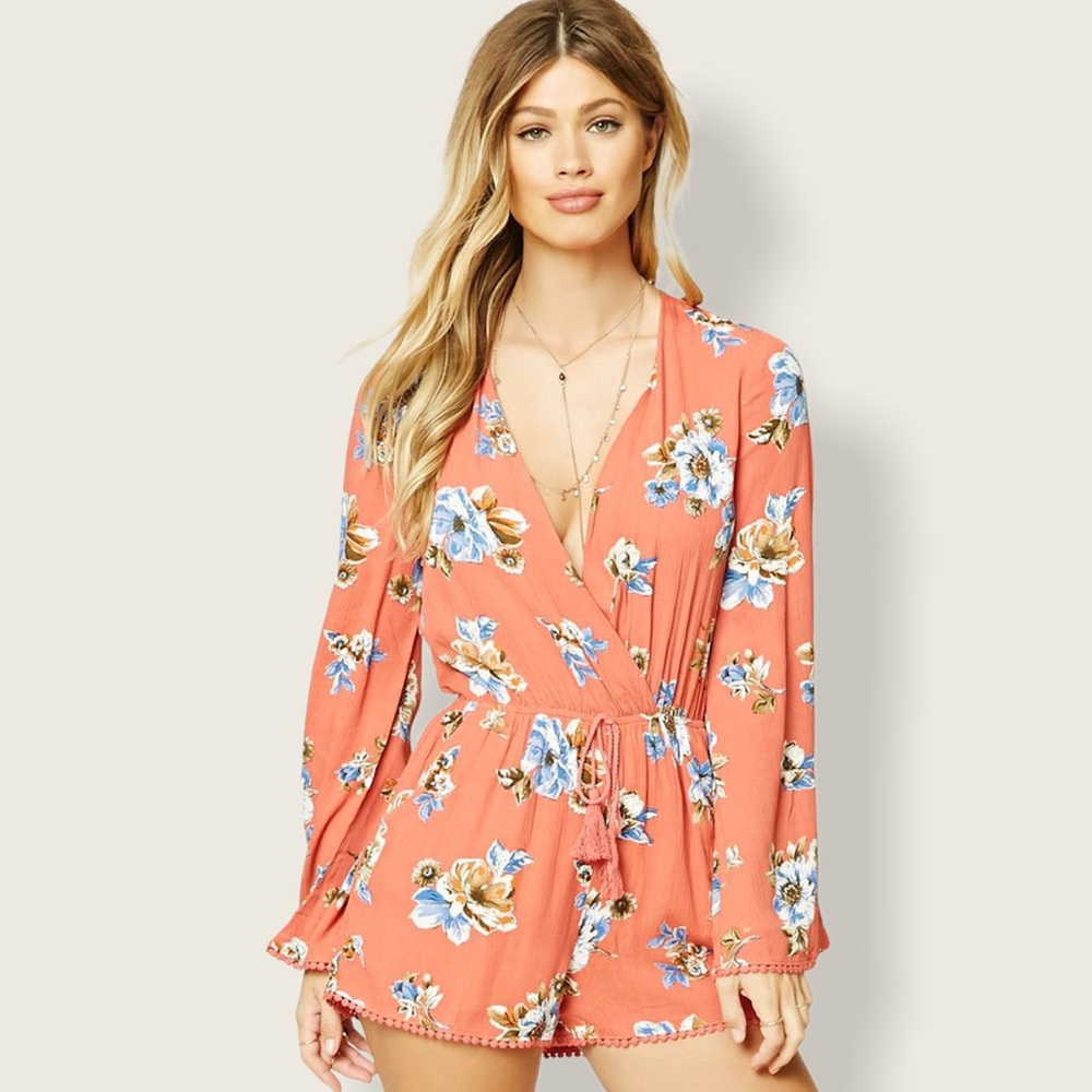 F21 Floral Bell-Sleeved Shorts Deep V-Neck Romper